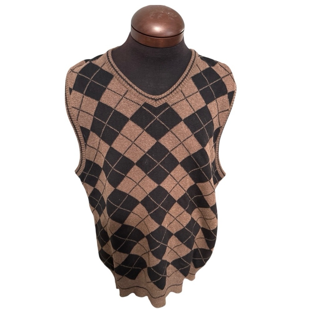 Argyle Sweater Vest Mens L Brown Black V-Neck Golf Preppy Grandpacore Cotton